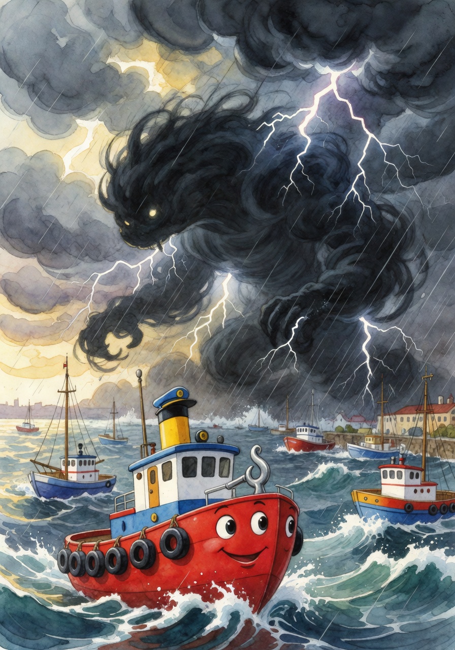 Cover illustration for The Brave Little Tugboat and the Storm Monster